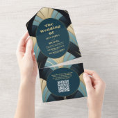 QR Code Verfijnd Blauw en Goud Art Deco Weddi All In One Uitnodiging (Afscheurbaar)