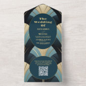 QR Code Verfijnd Blauw en Goud Art Deco Weddi All In One Uitnodiging (Binnen)