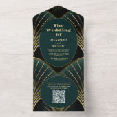 QR Code Verfijnde Groene en Gouden Art Deco Wedd All In One Uitnodiging (Binnen)