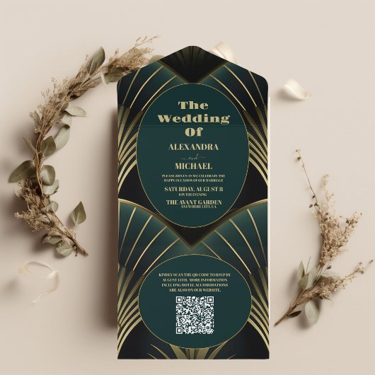 QR Code Verfijnde Groene en Gouden Art Deco Wedd All In One Uitnodiging