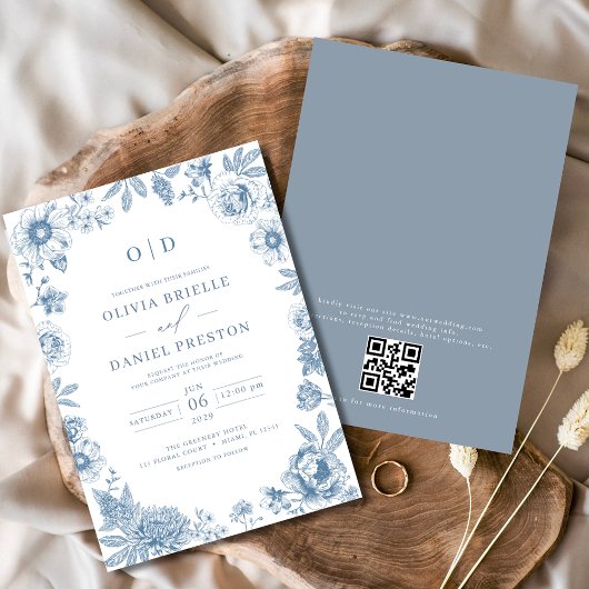 QR Code Victoriaans Frans Dusty Blue Wedding Kaart