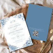 QR Code Victoriaans Frans Dusty Blue Wedding Kaart