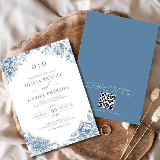 QR Code Victoriaans Frans Dusty Blue Wedding Kaart