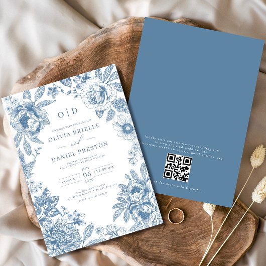 QR Code Victoriaans Frans Dusty Blue Wedding Kaart