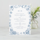 QR Code Victoriaans Frans Dusty Blue Wedding Kaart (Staand voorkant)