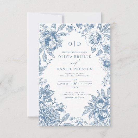 QR Code Victoriaans Frans Dusty Blue Wedding Kaart (Voorkant)
