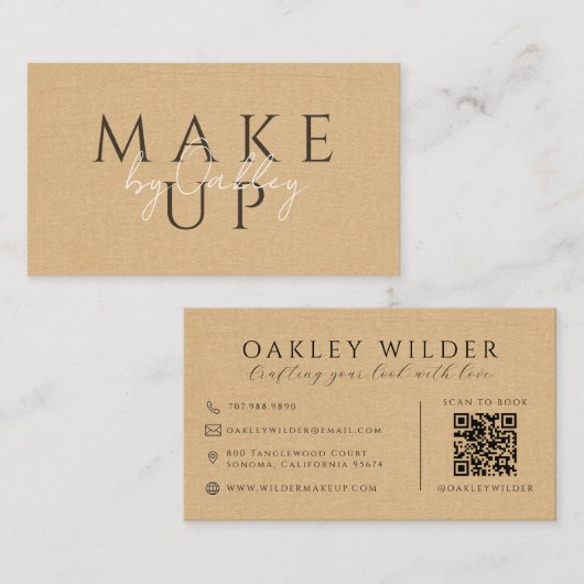 QR Code Visagist Beige Nep Linnen Visitekaartje (Voorkant / Achterkant)