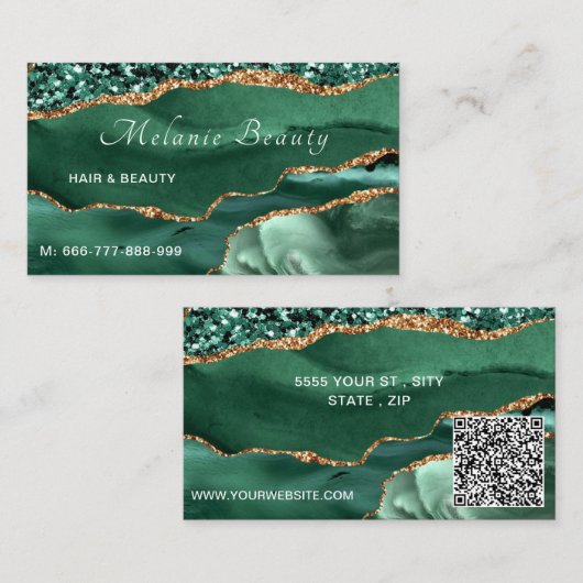 QR Code Visitekaartje Agate Green Gold Glitter (Voorkant / Achterkant)