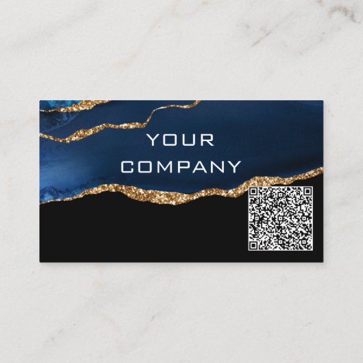QR Code Visitekaartje Agate Navy Blue Gold Glitter (Achterkant)