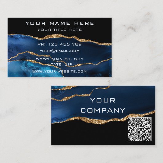 QR Code Visitekaartje Agate Navy Blue Gold Glitter (Voorkant / Achterkant)