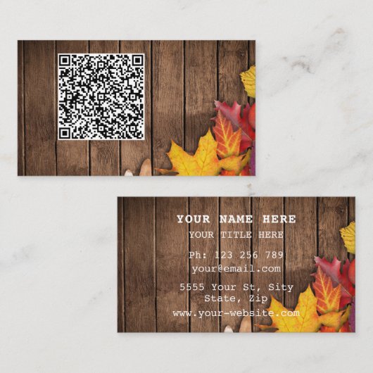 QR Code Visitekaartje herfstbladeren houten plank (Voorkant / Achterkant)