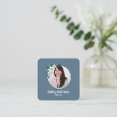 QR-code visitekaartje met foto, troebel blauw scha (Staand voorkant)