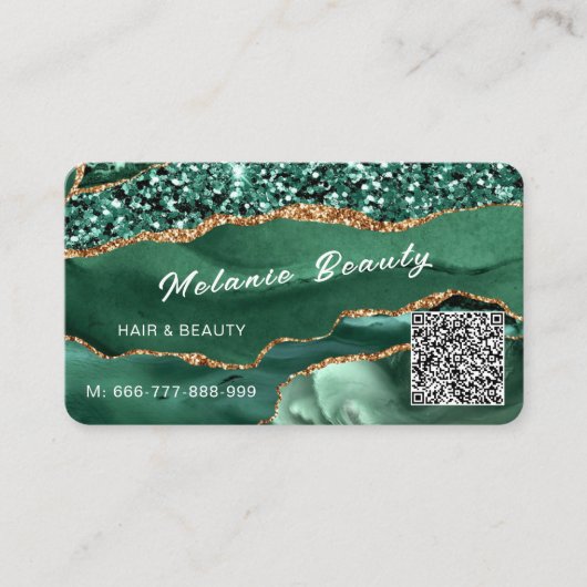 QR Code Visitekaartje Smaragd Groen Gouden Glitter (Voorkant)
