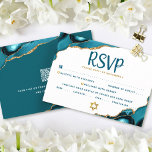 QR Code Vleermuis Mitzvah Turquoise Agaat Vet RSVP Kaart<br><div class="desc">Wees trots, verheug je en vier deze mijlpaal van je favoriete Bat Mitzvah met deze coole, unieke, moderne, gepersonaliseerde RSVP-insteekkaart voor je evenement! Donker blauwgroen scripttypografie bedekt een eenvoudige, strakke witte achtergrond met turquoise blauwe agaatstenen geaccentueerd met faux gouden aders. Op de achterkant, uw persoonlijke qr-code naar RSVP online en...</div>