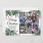 QR-code Vrolijk Kerstfeest Holly Greenery One Foto Feestdagenkaart (Voorkant)