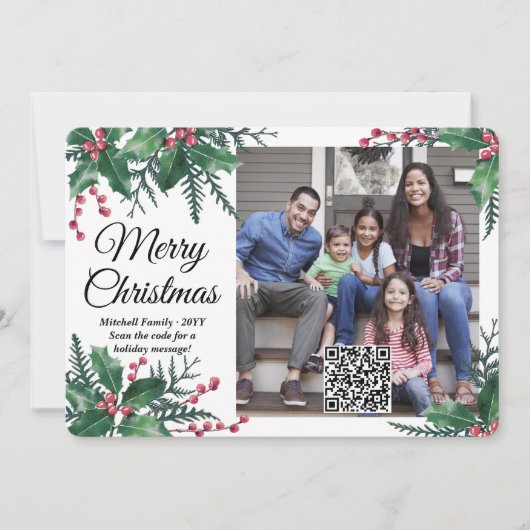 QR-code Vrolijk Kerstfeest Holly Greenery One Foto Feestdagenkaart (Voorkant)