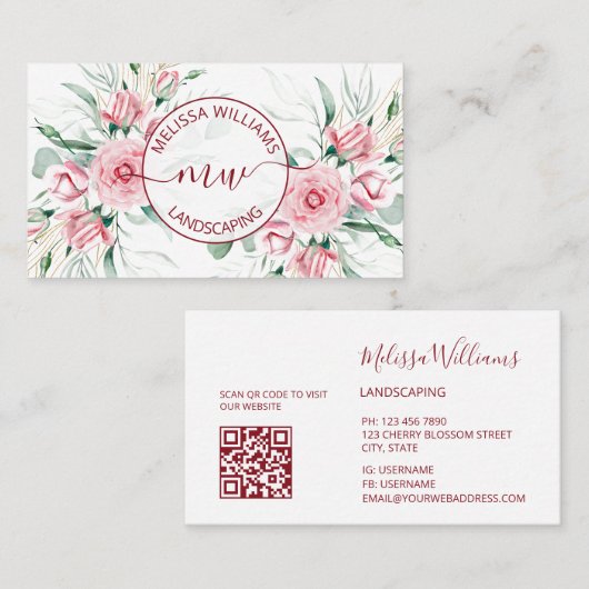 QR Code |  Watercolor Pink Roses Logo Visitekaartje (Voorkant / Achterkant)