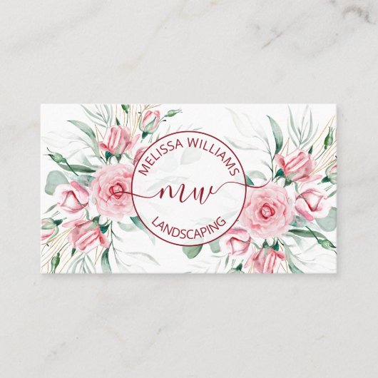 QR Code |  Watercolor Pink Roses Logo Visitekaartje (Voorkant)