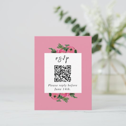 QR Code Waterverf Anemone Pink Weddenschap RSVP Kaartje (Staand voorkant)