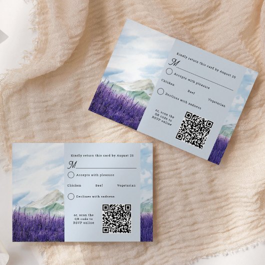 QR Code Waterverf Berg Lavendel Bruiloft RSVP Kaartje
