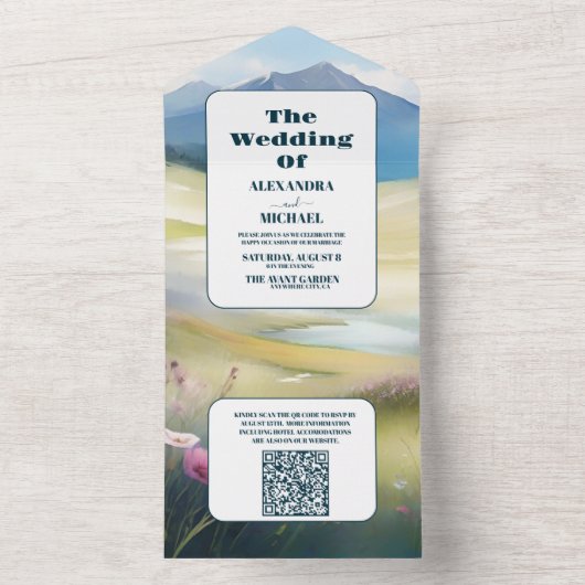 QR Code Waterverf Bergen Pijnboombos Bruiloft All In One Uitnodiging (Binnen)