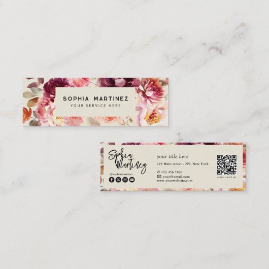 QR Code Waterverf Bloemendecor Burgundy Herfst Mini Visitekaartje (Voorkant / Achterkant)