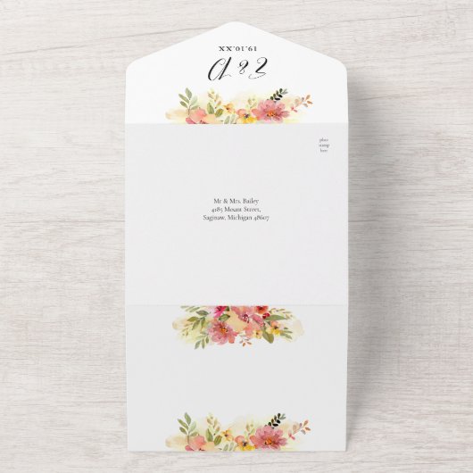 QR Code Waterverf Bloemharten Script Bruiloft All In One Uitnodiging (Buitenkant)