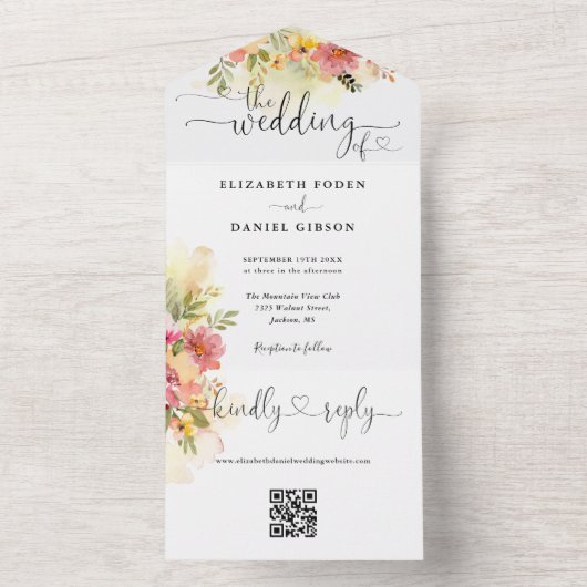 QR Code Waterverf Bloemharten Script Bruiloft All In One Uitnodiging (Binnen)