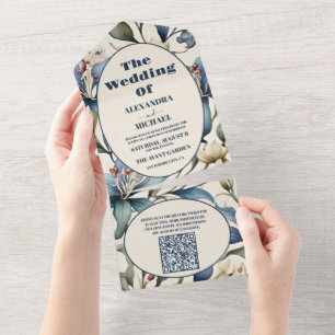 QR Code Waterverf Bloemig Huwelijk William Morris All In One Uitnodiging