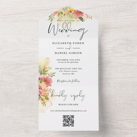 QR Code Waterverf Bloemrijke Script Bruiloft All In One Uitnodiging (Binnen)