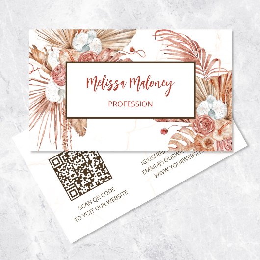 QR-code | Waterverf Boho Tropische Bloemen Visitekaartje