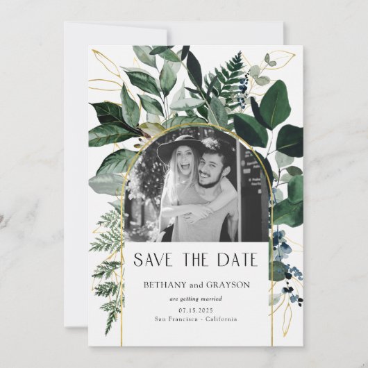 QR code waterverf botanisch gebladerte Trouwfoto Save The Date (Voorkant)