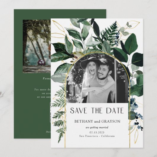 QR code waterverf botanisch gebladerte Trouwfoto Save The Date (Voorkant / Achterkant)