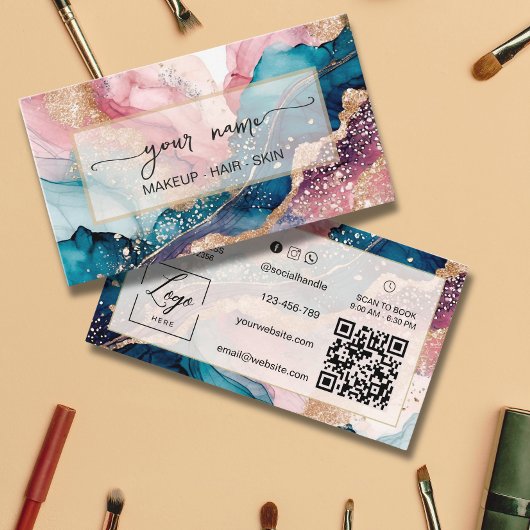 Qr Code waterverf en iriserende roze blos Visitekaartje
