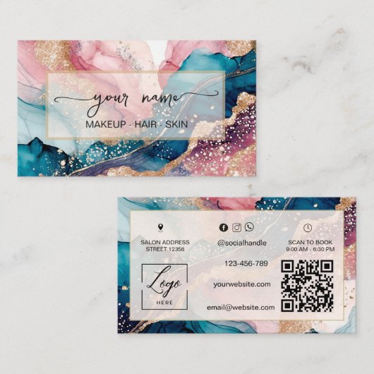 Qr Code waterverf en iriserende roze blush Visitekaartje (Voorkant / Achterkant)