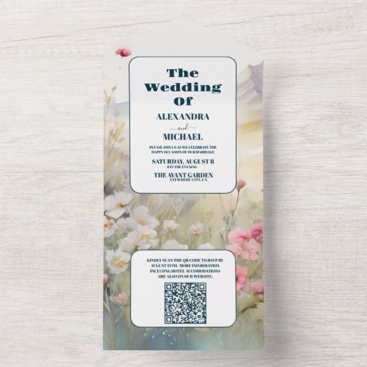 QR Code Waterverf Floral Spring Mountains Bruiloft All In One Uitnodiging (Binnen)