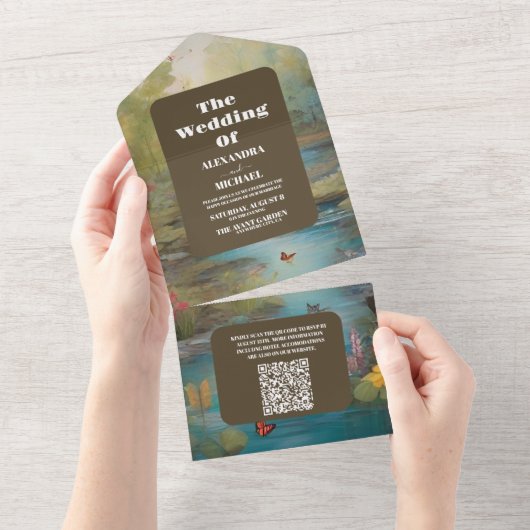 QR Code Waterverf Floral Spring Mountains Bruiloft All In One Uitnodiging (Afscheurbaar)