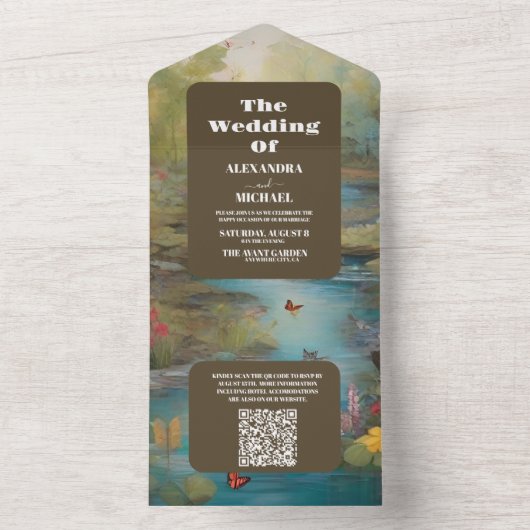QR Code Waterverf Floral Spring Mountains Bruiloft All In One Uitnodiging (Binnen)