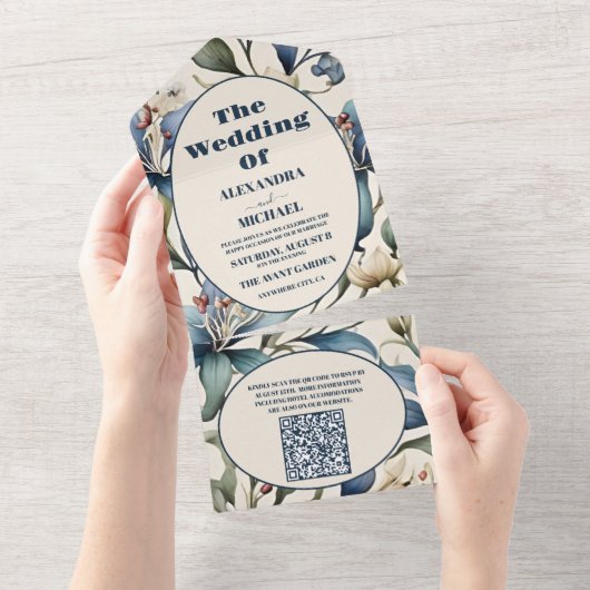 QR Code Waterverf Floral William Morris Bruiloft All In One Uitnodiging (Afscheurbaar)