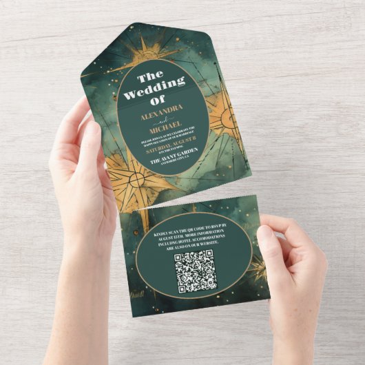 QR Code  Waterverf Hemelse bruiloft All In One Uitnodiging (Afscheurbaar)