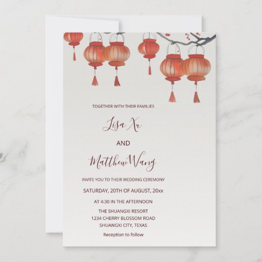 QR-code | Waterverf lantaarns Chinees bruiloft Kaart (Voorkant)