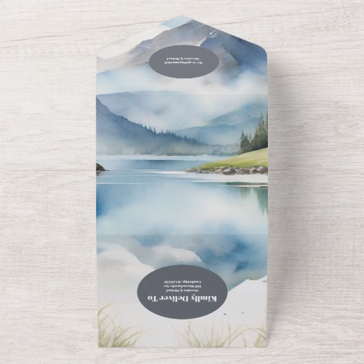 QR Code Waterverf Mountain Meadow Bruiloft All In One Uitnodiging (Buitenkant)