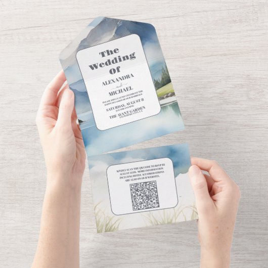 QR Code Waterverf Mountain Meadow Bruiloft All In One Uitnodiging (Afscheurbaar)