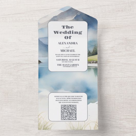 QR Code Waterverf Mountain Meadow Bruiloft All In One Uitnodiging (Binnen)