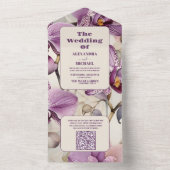 QR Code Waterverf Paarse Orchidee bruiloft All In One Uitnodiging (Binnen)