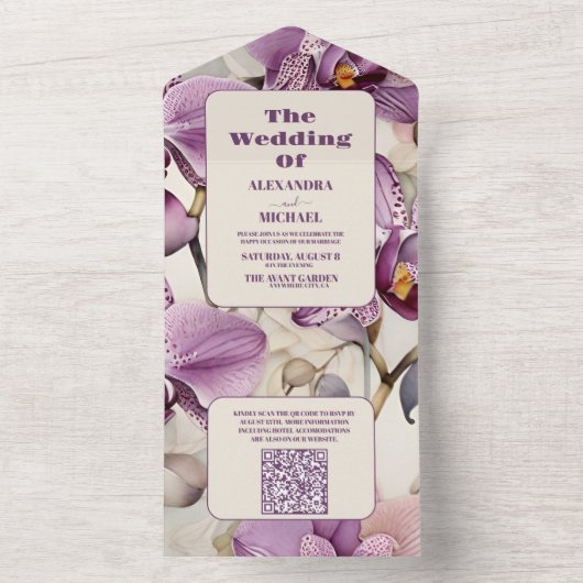 QR Code Waterverf Paarse Orchidee bruiloft All In One Uitnodiging (Binnen)