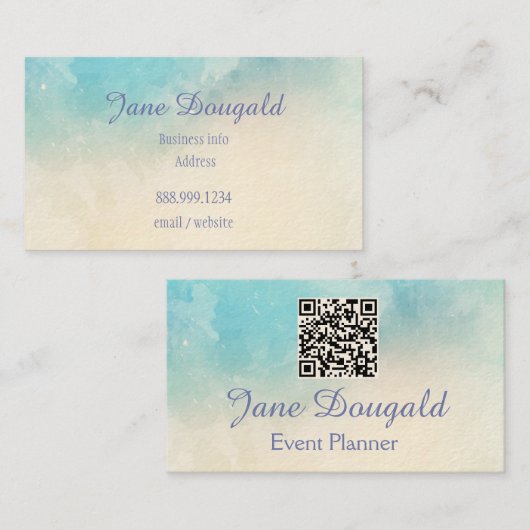 QR Code Waterverf Pastel Blauw Roze Aangepast Visitekaartje (Voorkant / Achterkant)