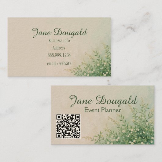 QR Code Waterverf Pastel Botanische Groenelementen Visitekaartje (Voorkant / Achterkant)