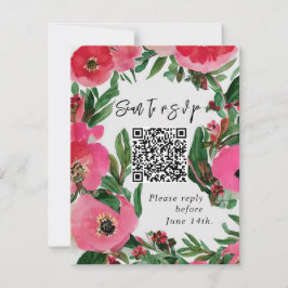 QR Code Waterverf Roze Anemone Weddenschap RSVP Kaartje