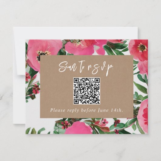 QR Code Waterverf Roze Anemone Weddenschap RSVP Kaartje (Voorkant)